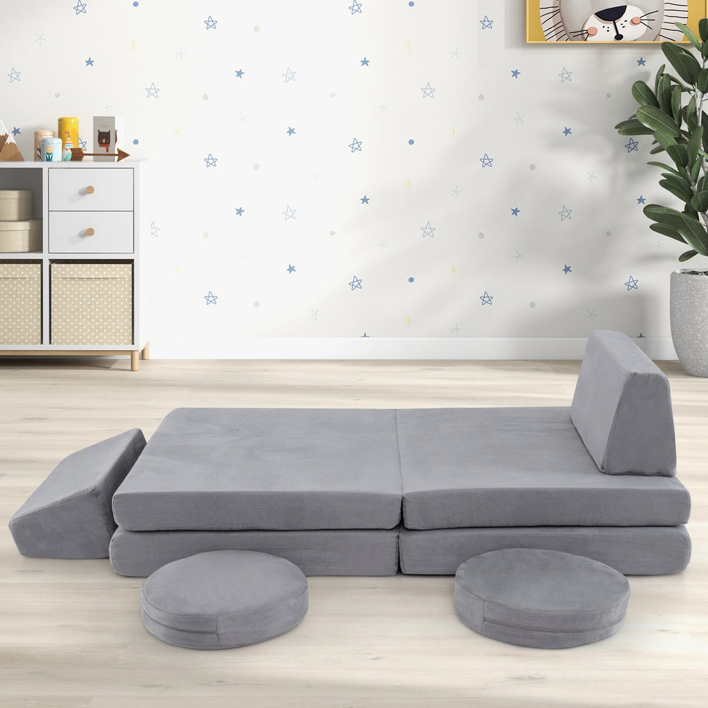 Kids Play Couch Set with Washable Covers - Modular Foam Play Sofa Gray 6 Pieces