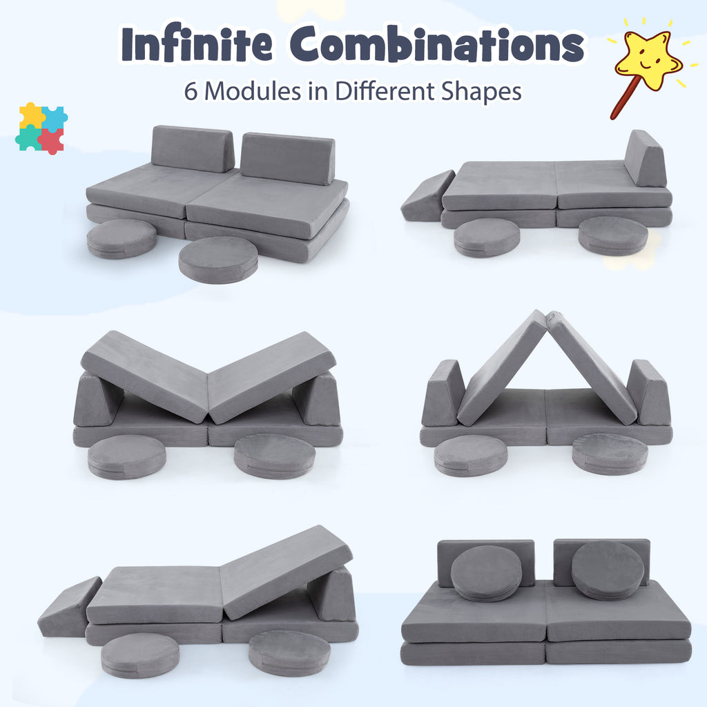 Kids Play Couch Set with Washable Covers - Modular Foam Play Sofa Gray 6 Pieces