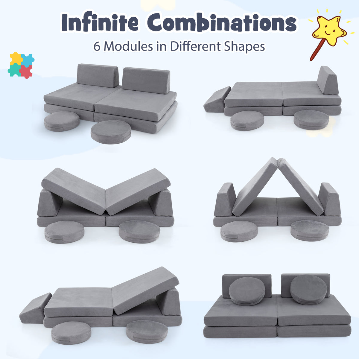 Kids Play Couch Set with Washable Covers - Modular Foam Play Sofa Gray 6 Pieces