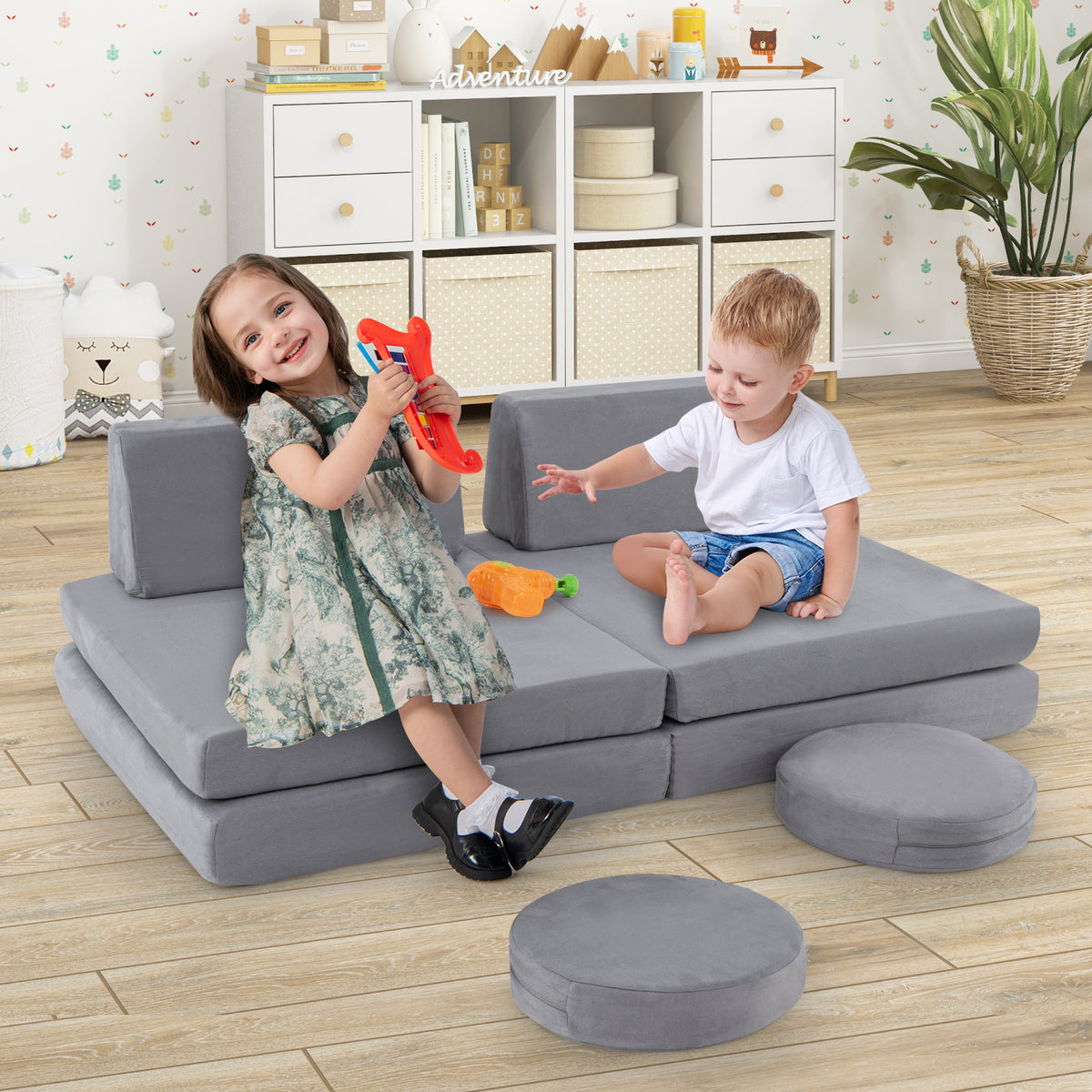 Kids Play Couch Set with Washable Covers - Modular Foam Play Sofa Gray 6 Pieces