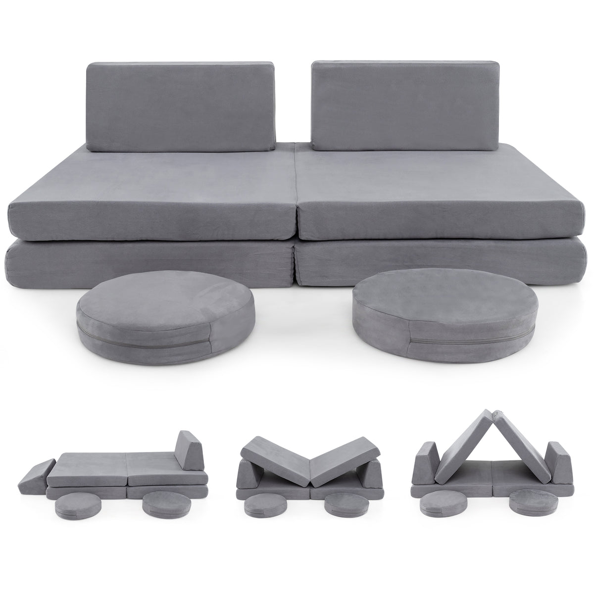 Kids Play Couch Set with Washable Covers - Modular Foam Play Sofa Gray 6 Pieces