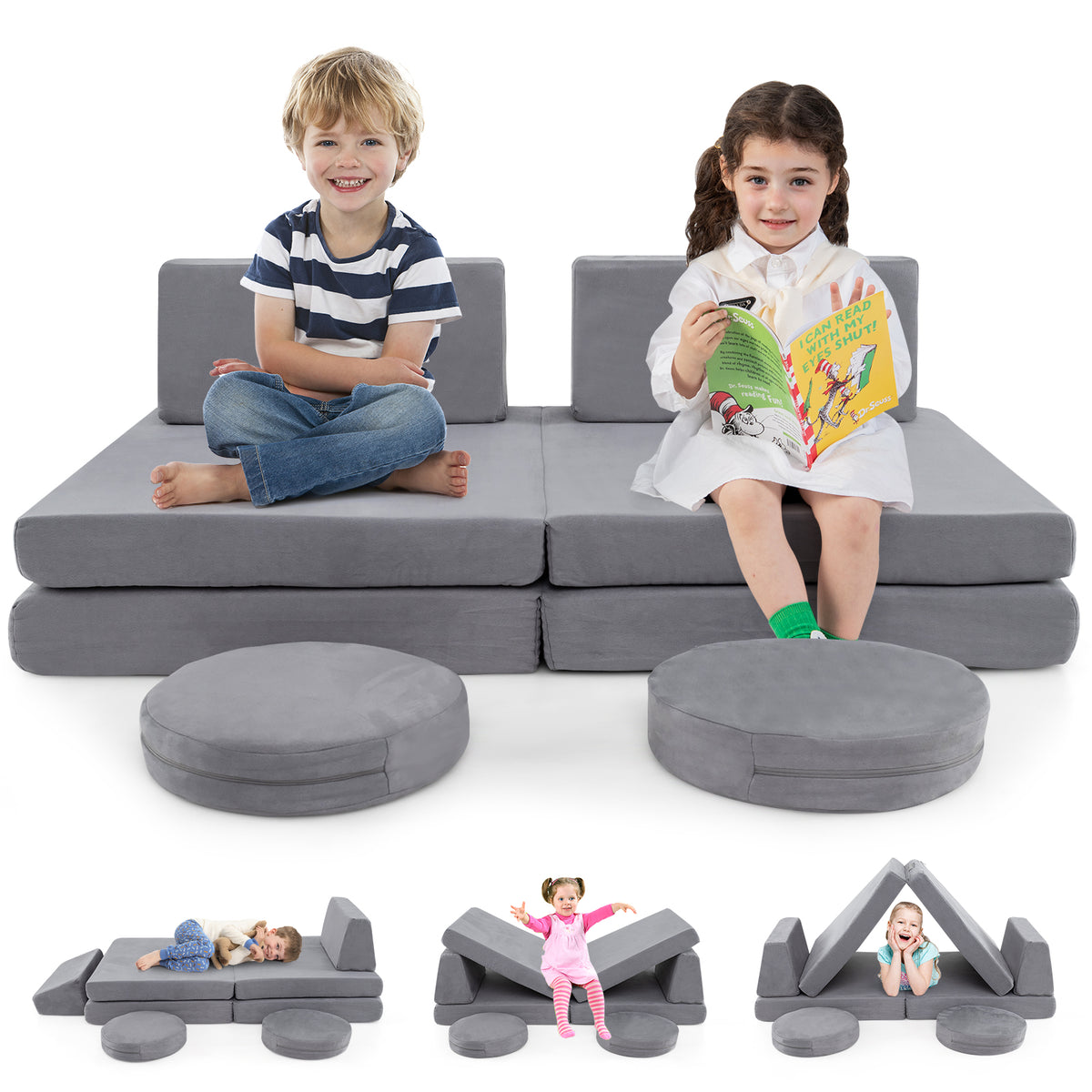 Kids Play Couch Set with Washable Covers - Modular Foam Play Sofa Gray 6 Pieces