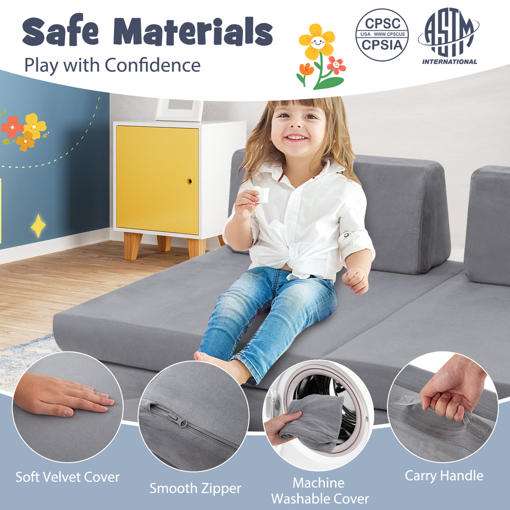 Kids Play Couch Set with Washable Covers - Modular Foam Play Sofa Gray 6 Pieces