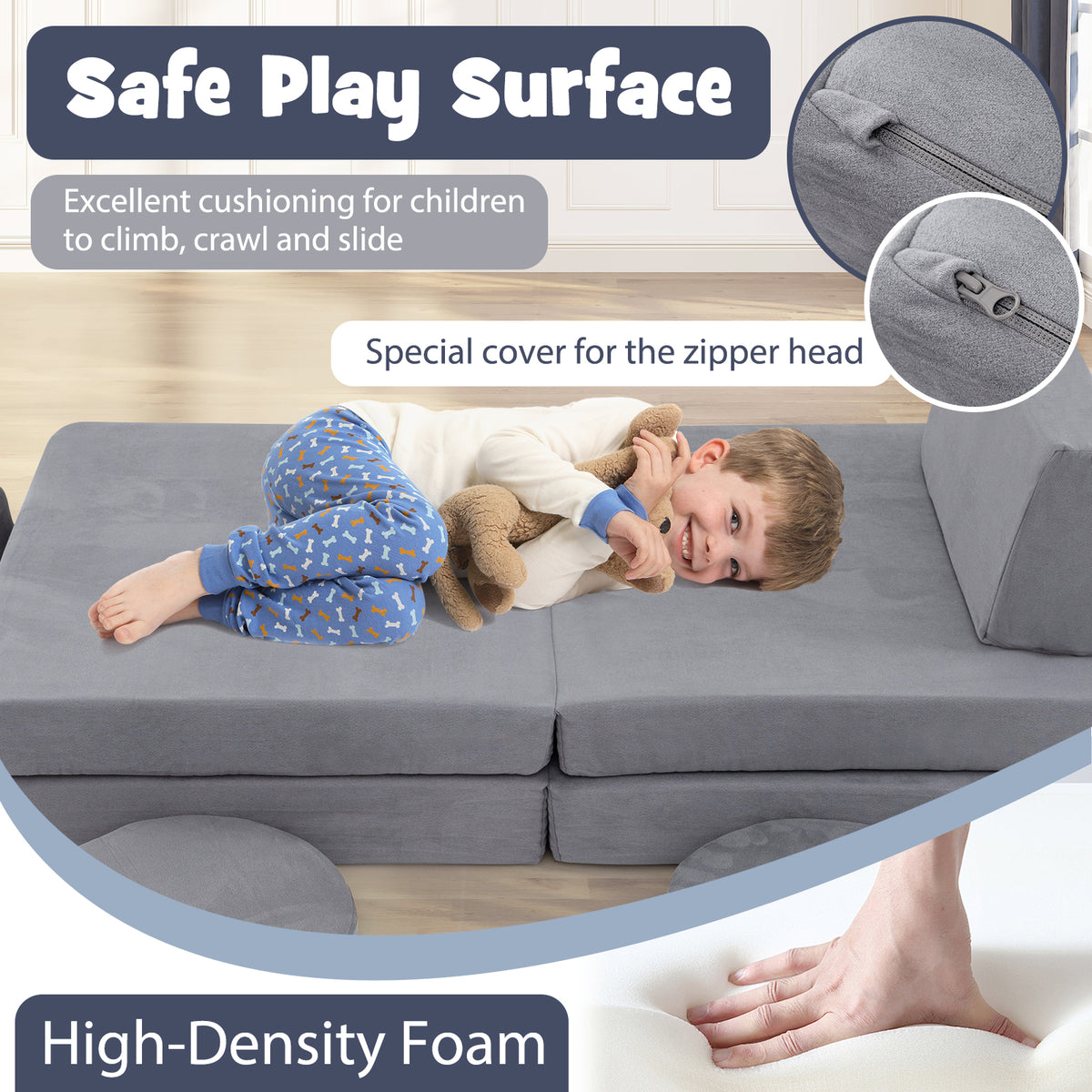 Kids Play Couch Set with Washable Covers - Modular Foam Play Sofa Gray 6 Pieces