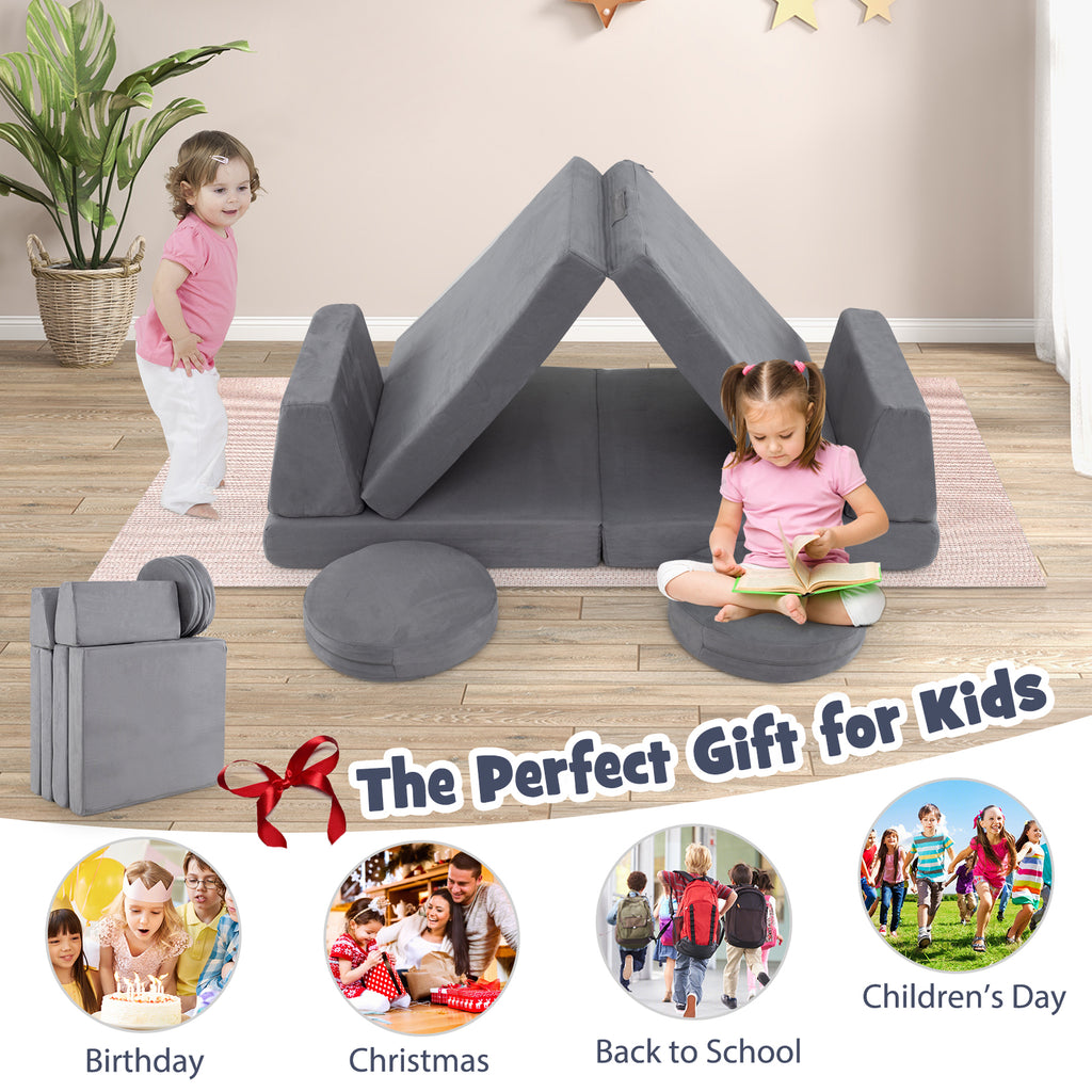 Kids Play Couch Set with Washable Covers - Modular Foam Play Sofa Gray 6 Pieces