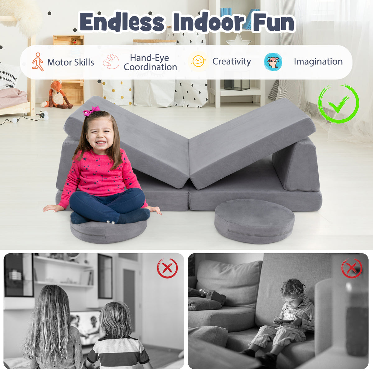 Kids Play Couch Set with Washable Covers - Modular Foam Play Sofa Gray 6 Pieces