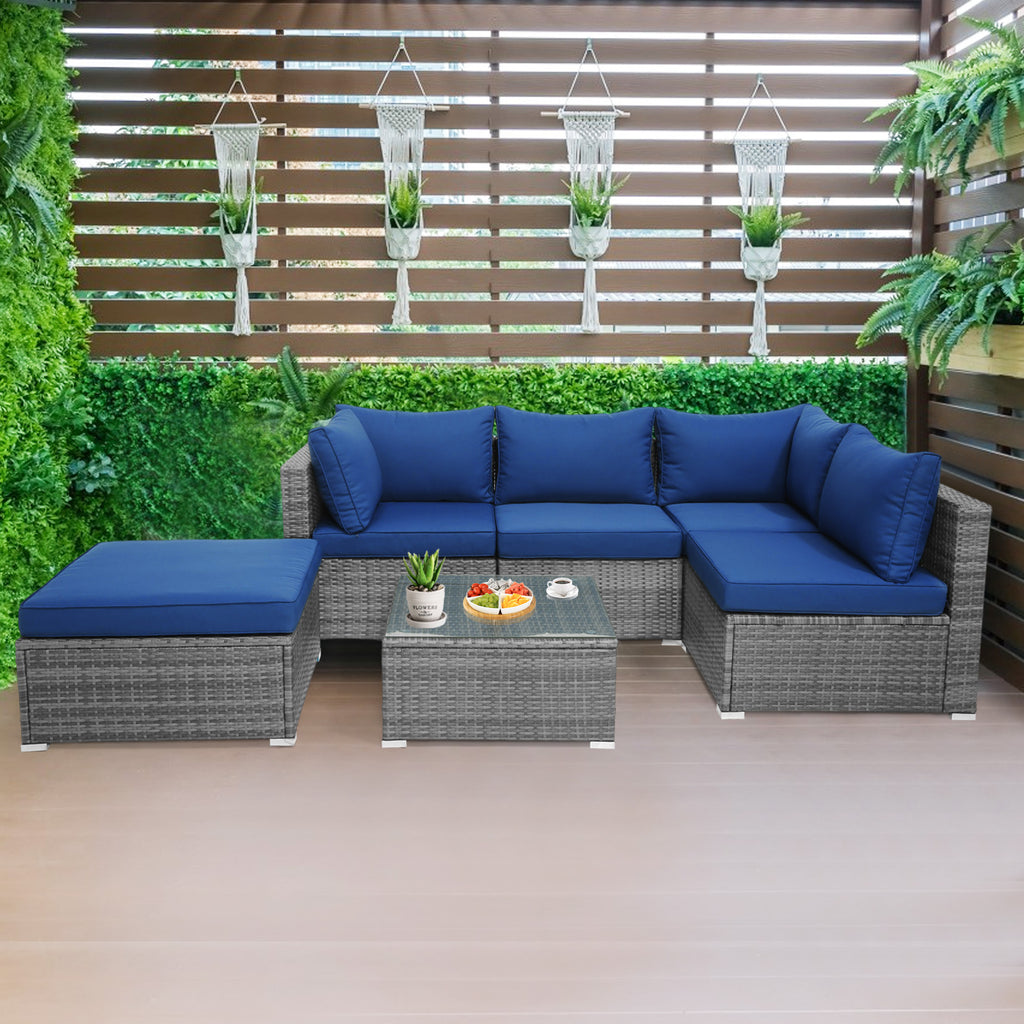 6 Pieces Outdoor Rattan Sofa Set with Seat and Back Cushions