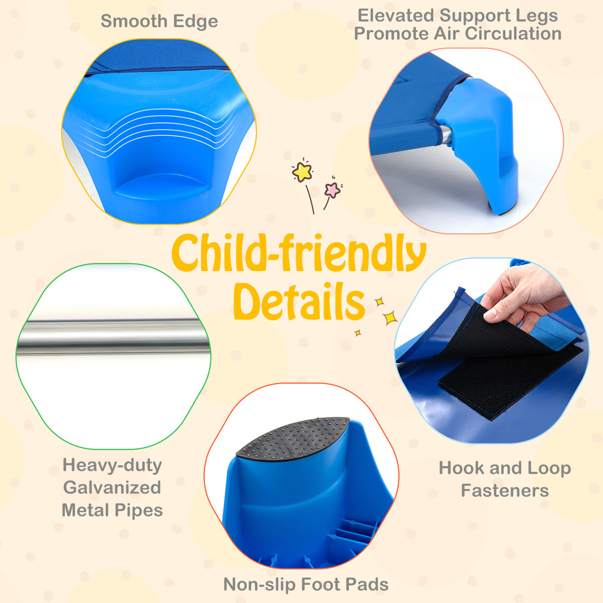Pack of 6 Stackable Child Daycare Cots 52 Inch Blue - Kids Sleeping Bed