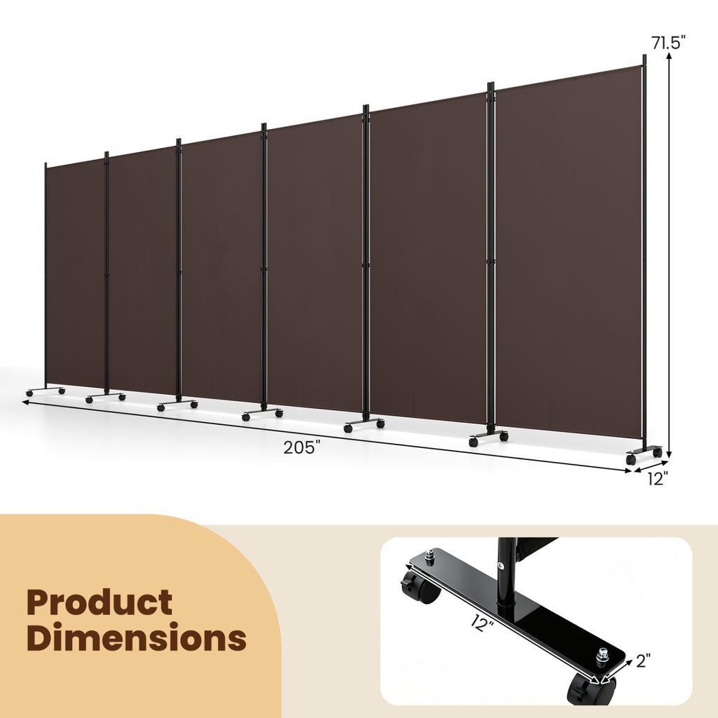 6 Panel Folding Privacy Screen Room Divider with Wheels - Coffee Variation