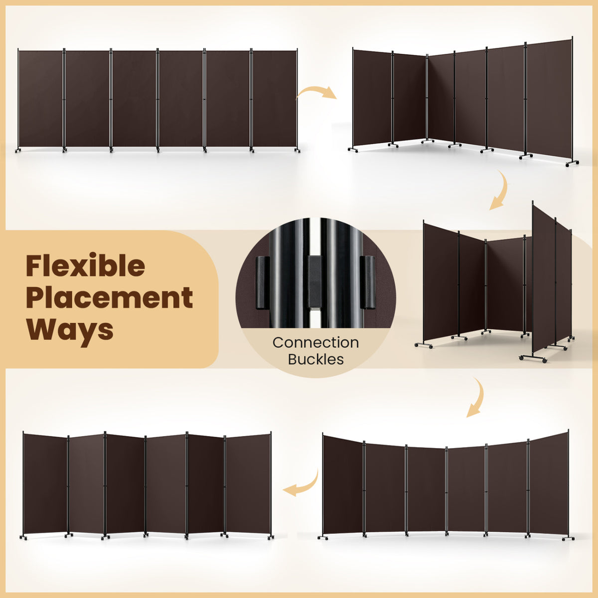 6 Panel Folding Privacy Screen Room Divider with Wheels - Coffee Variation