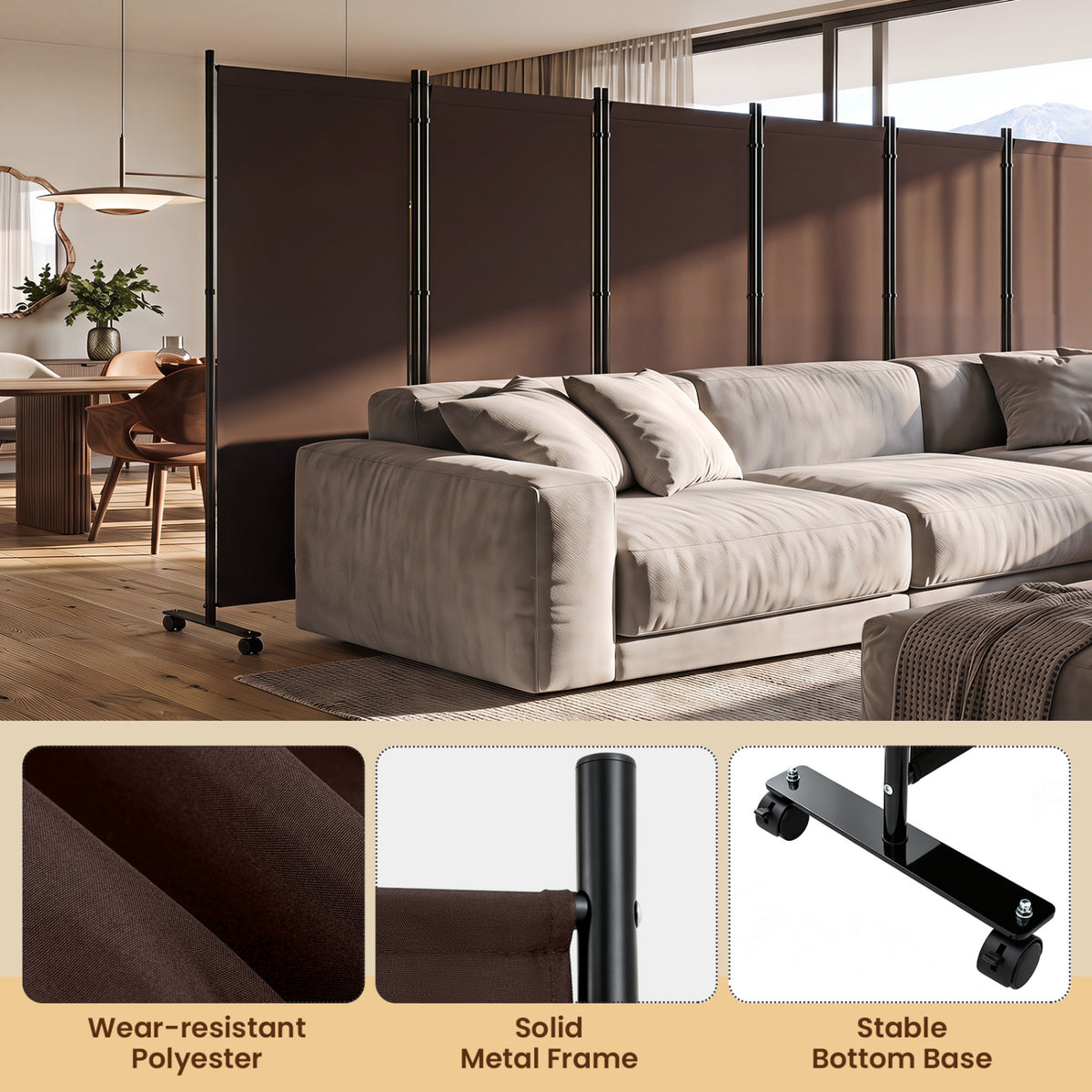 6 Panel Folding Privacy Screen Room Divider with Wheels - Coffee Variation