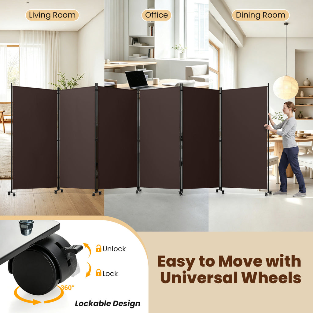6 Panel Folding Privacy Screen Room Divider with Wheels - Coffee Variation