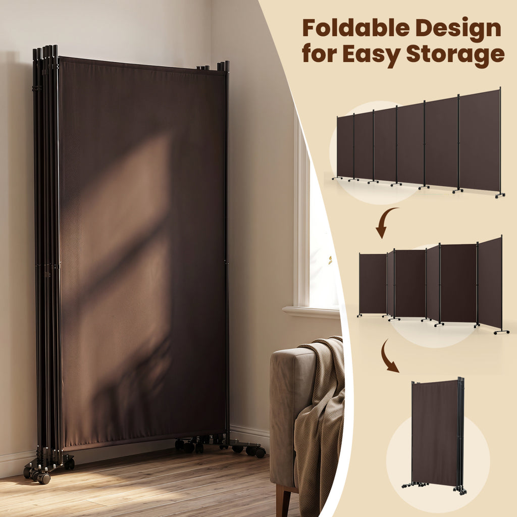 6 Panel Folding Privacy Screen Room Divider with Wheels - Coffee Variation