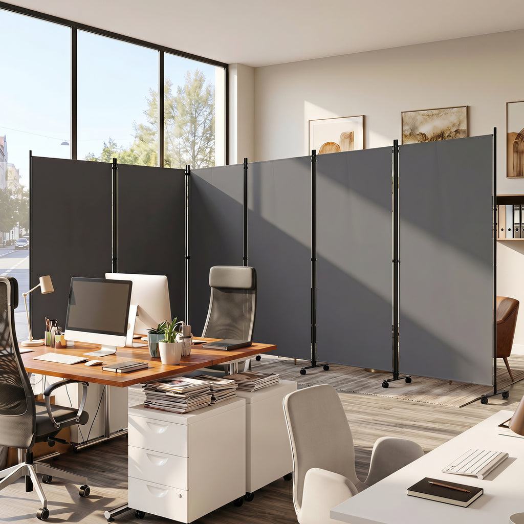 Gray 6-Panel Folding Privacy Screen Room Divider with Wheels - Costway