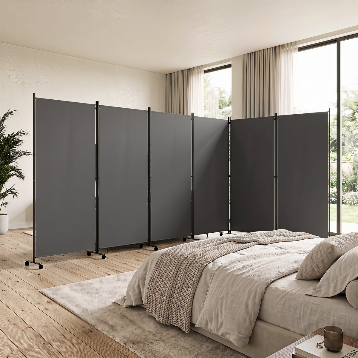 Gray 6-Panel Folding Privacy Screen Room Divider with Wheels - Costway