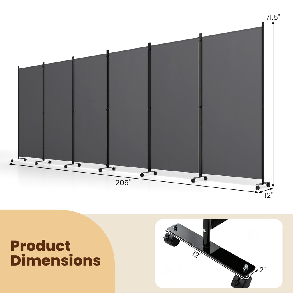 Gray 6-Panel Folding Privacy Screen Room Divider with Wheels - Costway