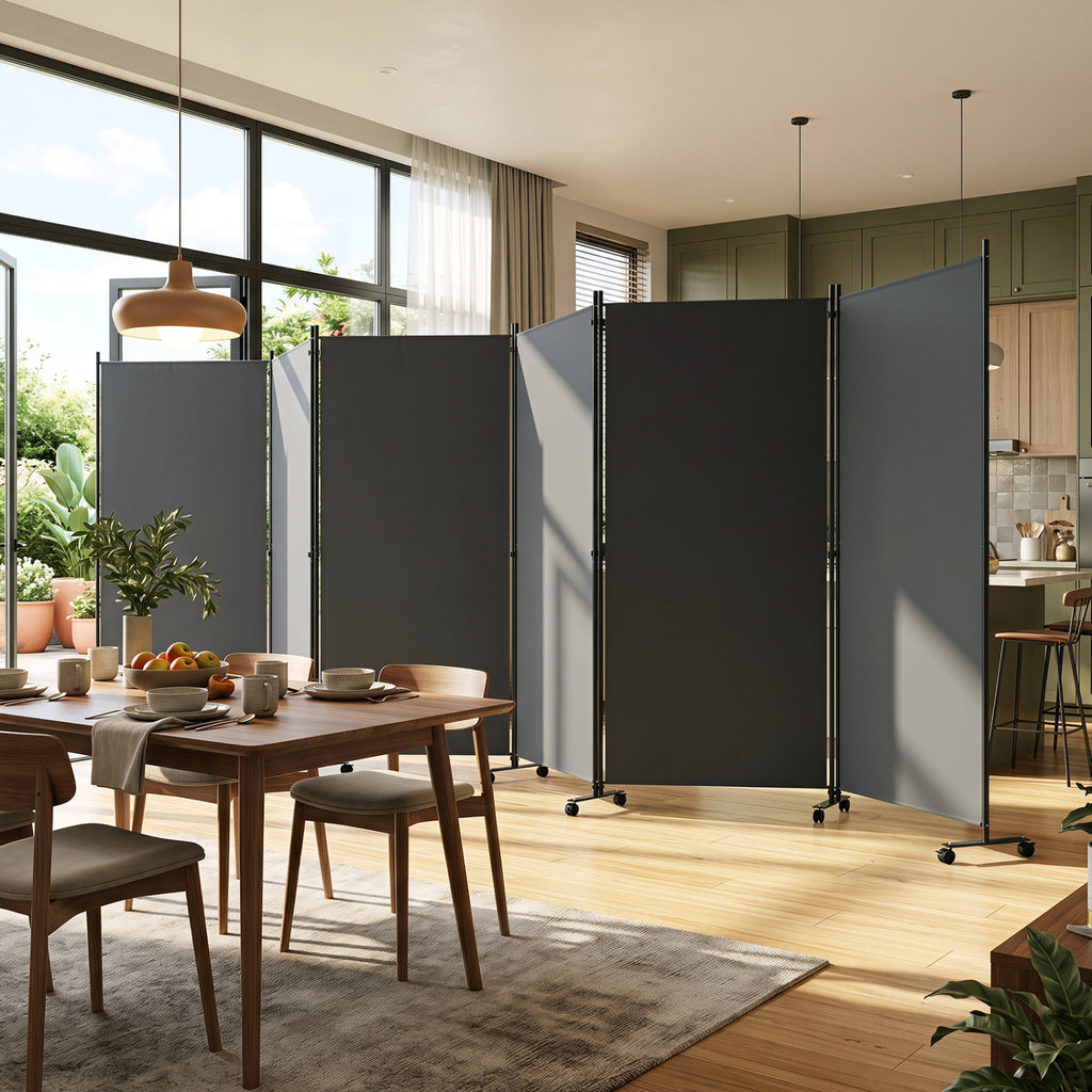 Gray 6-Panel Folding Privacy Screen Room Divider with Wheels - Costway