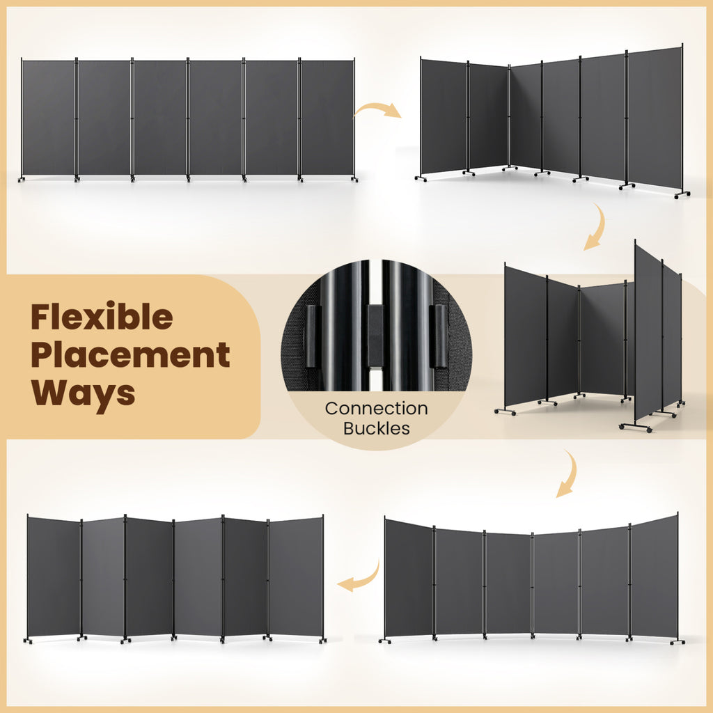 Gray 6-Panel Folding Privacy Screen Room Divider with Wheels - Costway