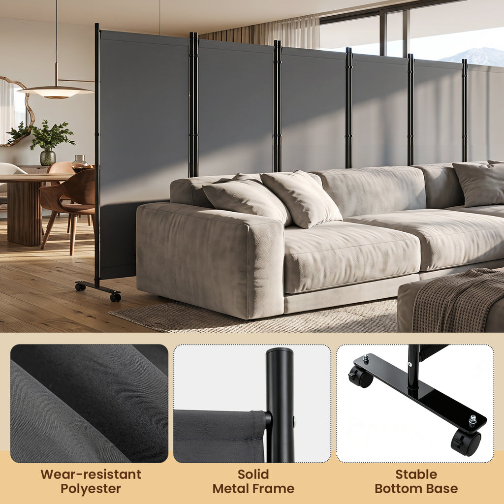 Gray 6-Panel Folding Privacy Screen Room Divider with Wheels - Costway