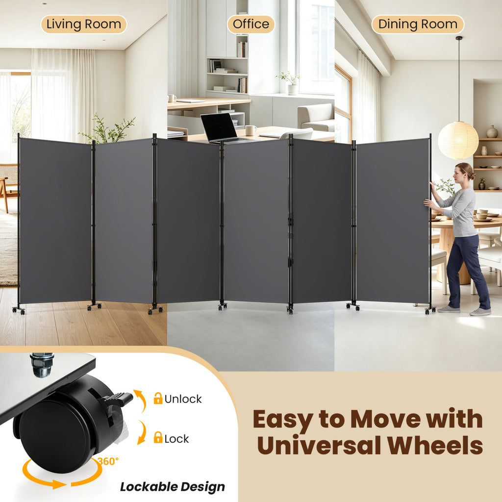 Gray 6-Panel Folding Privacy Screen Room Divider with Wheels - Costway