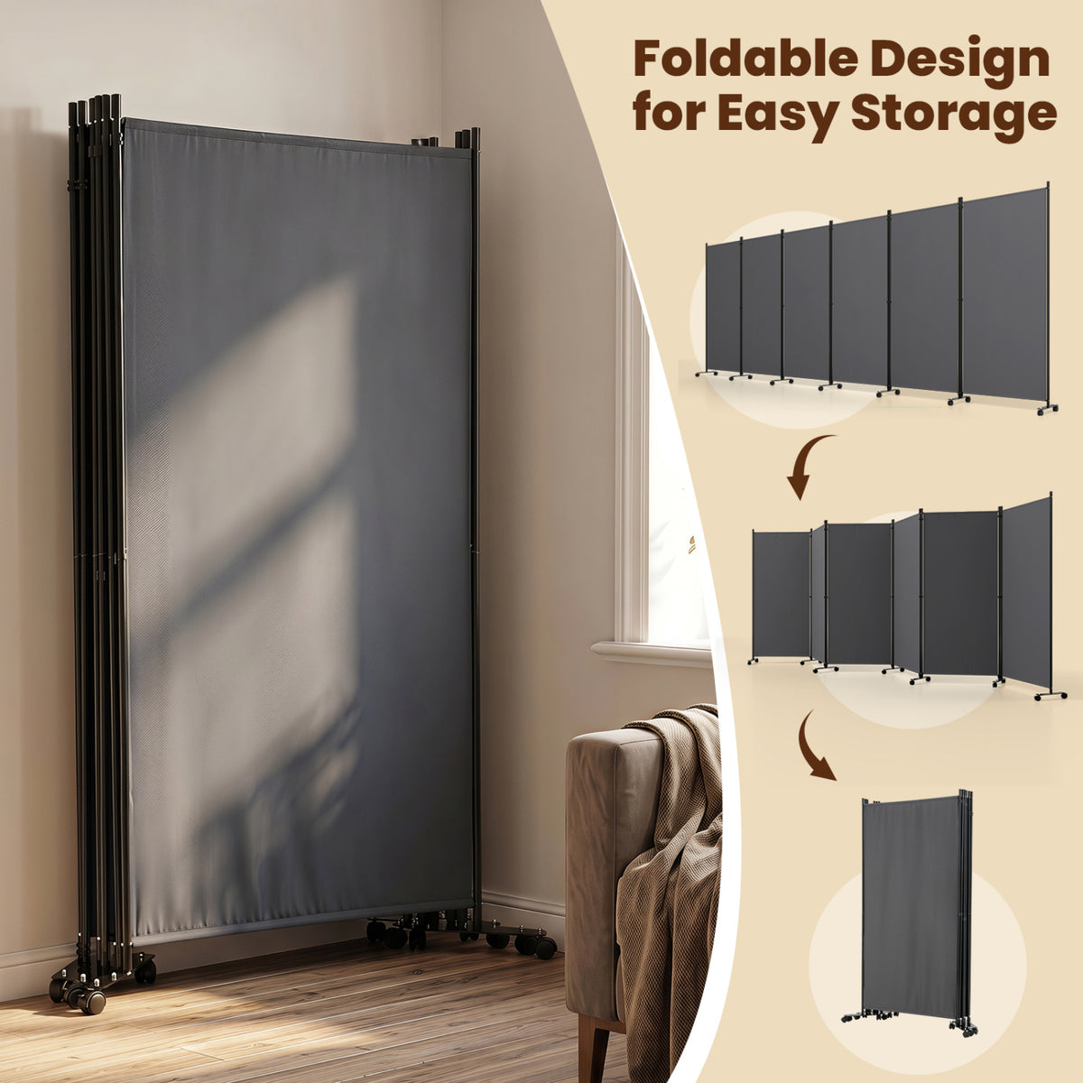 Gray 6-Panel Folding Privacy Screen Room Divider with Wheels - Costway