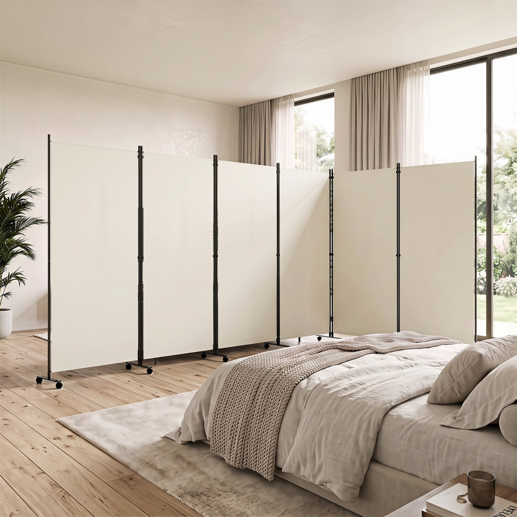 White 6-Panel Folding Privacy Screen Room Divider with Wheels - Costway