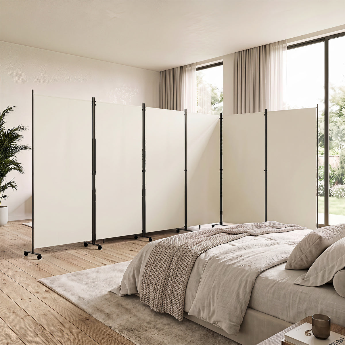 White 6-Panel Folding Privacy Screen Room Divider with Wheels - Costway