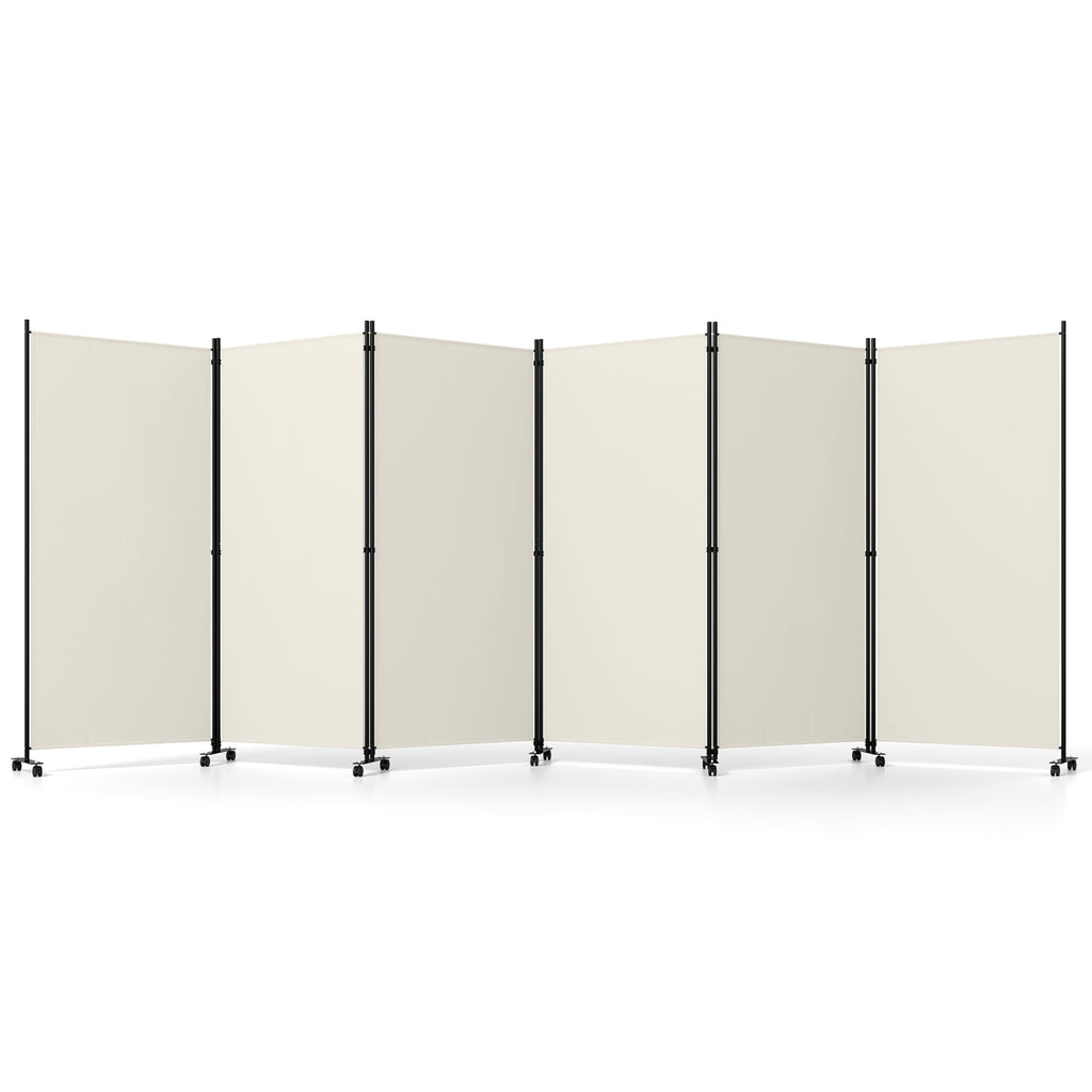 White 6-Panel Folding Privacy Screen Room Divider with Wheels - Costway