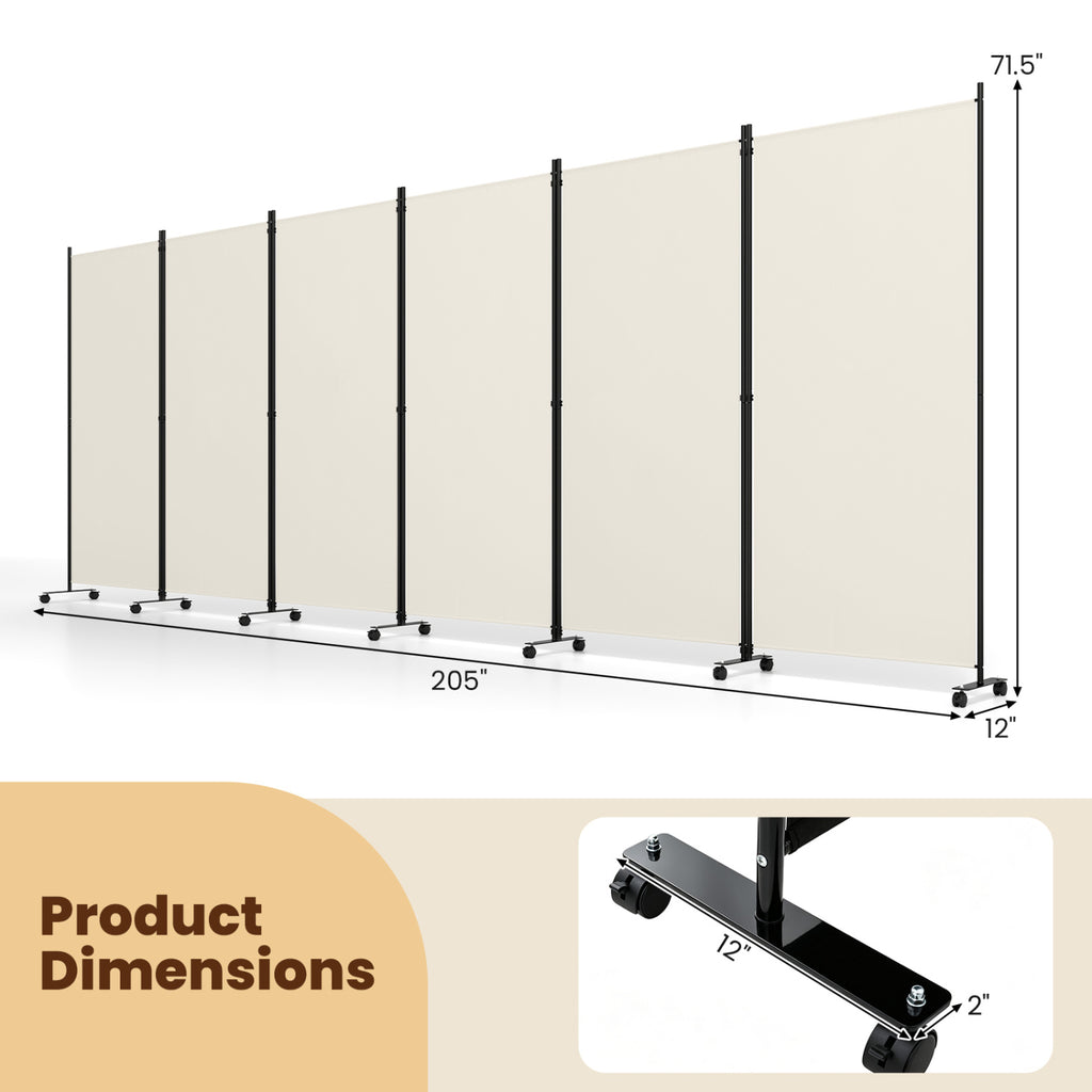 White 6-Panel Folding Privacy Screen Room Divider with Wheels - Costway