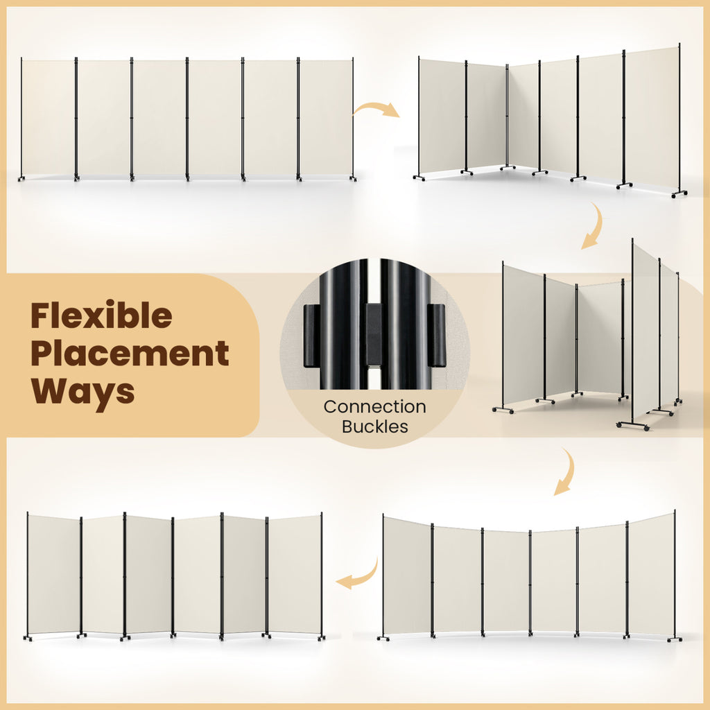 White 6-Panel Folding Privacy Screen Room Divider with Wheels - Costway
