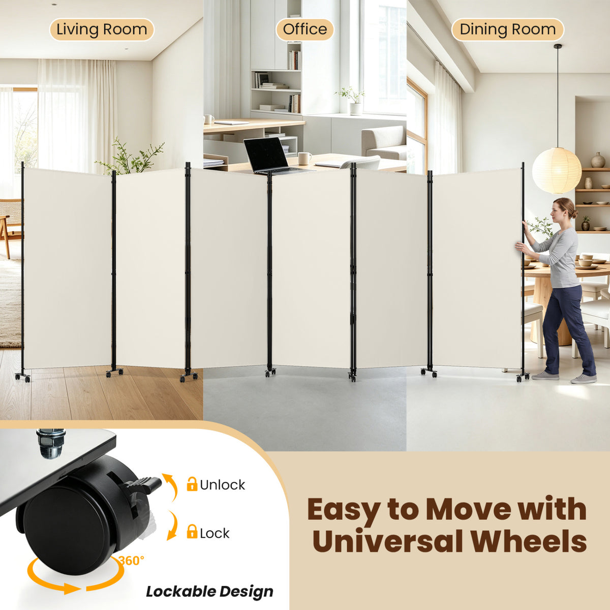White 6-Panel Folding Privacy Screen Room Divider with Wheels - Costway