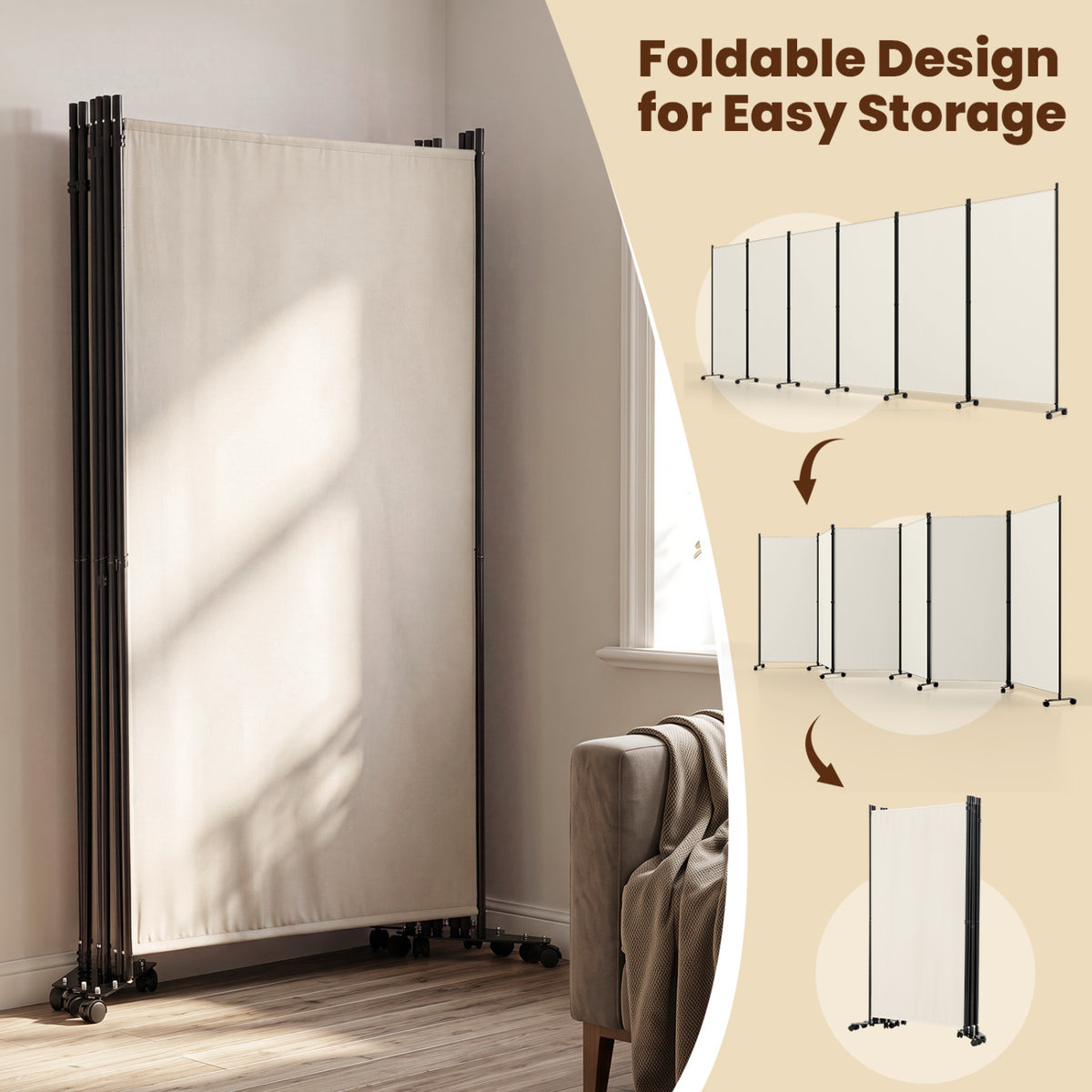 White 6-Panel Folding Privacy Screen Room Divider with Wheels - Costway