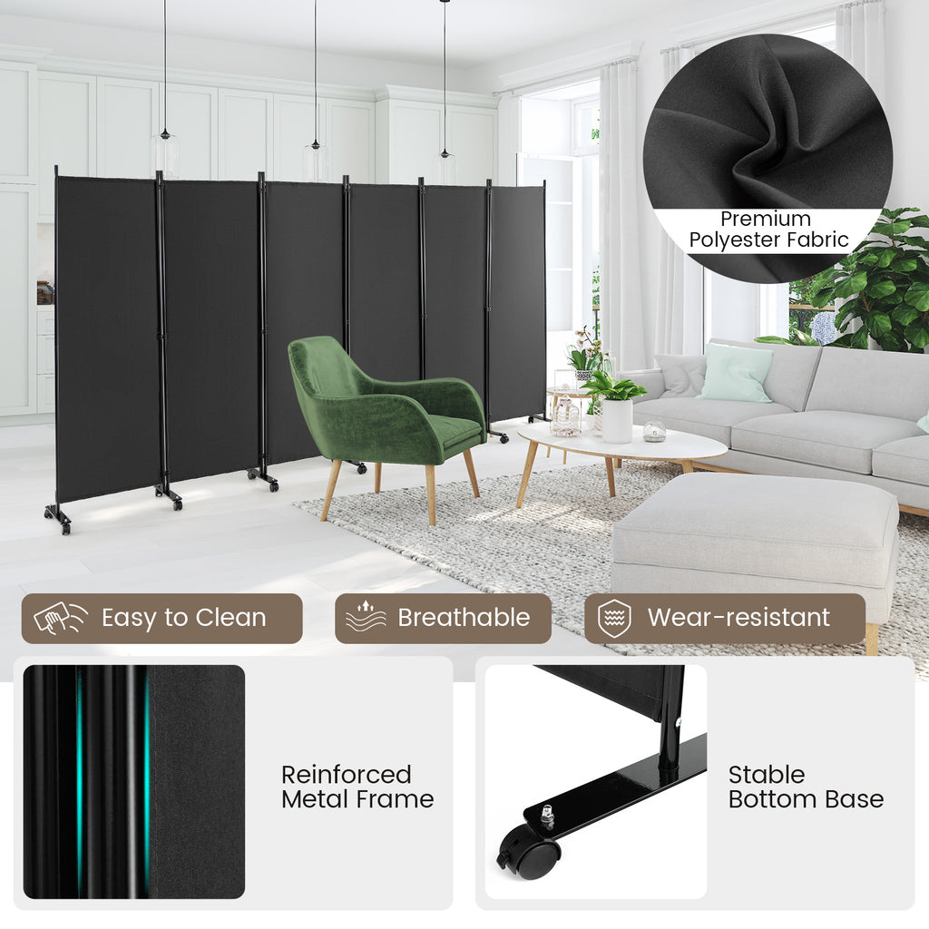 Gray 6-Panel Rolling Room Divider on Wheels - 5.7 Feet Tall, Foldable Privacy Screen