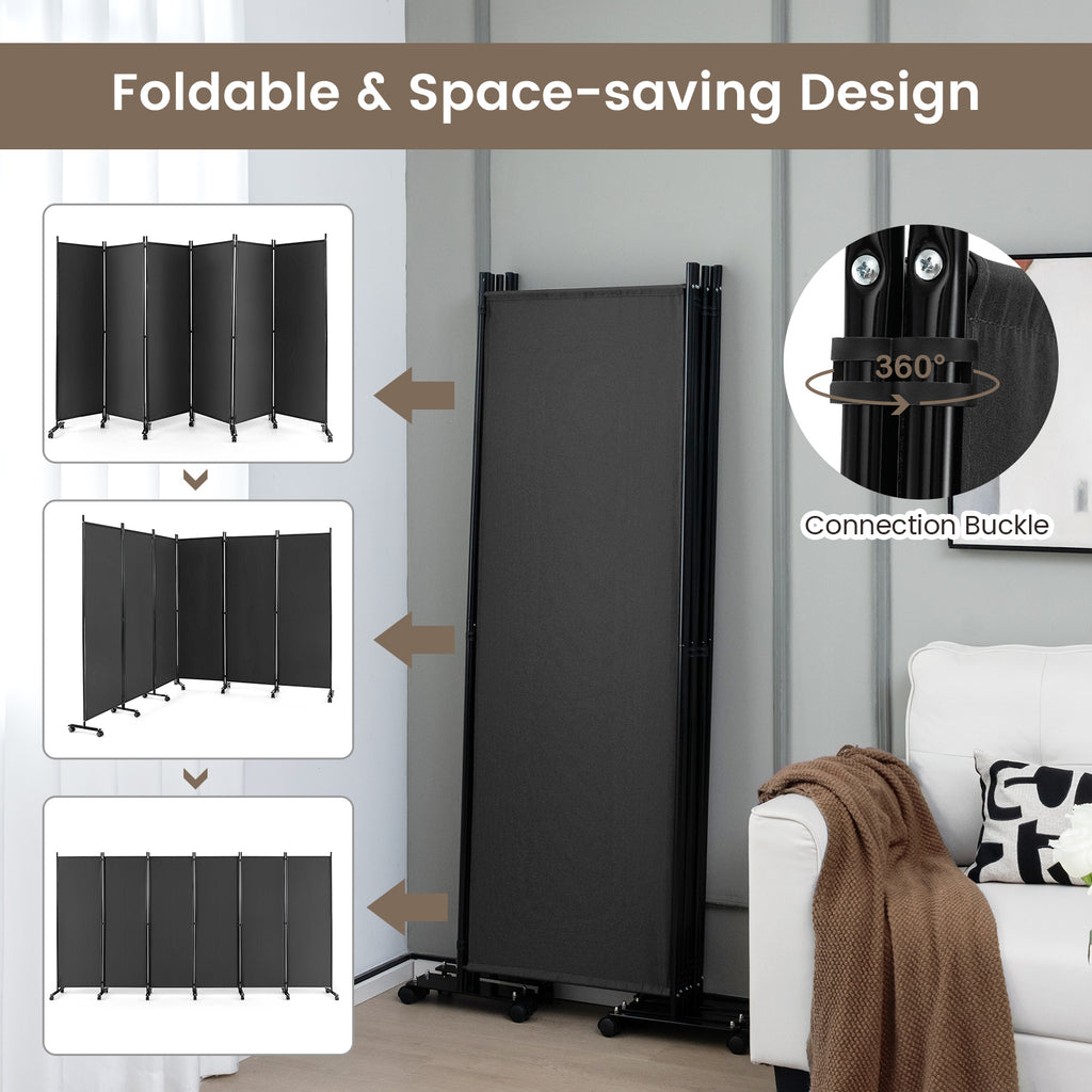 Gray 6-Panel Rolling Room Divider on Wheels - 5.7 Feet Tall, Foldable Privacy Screen