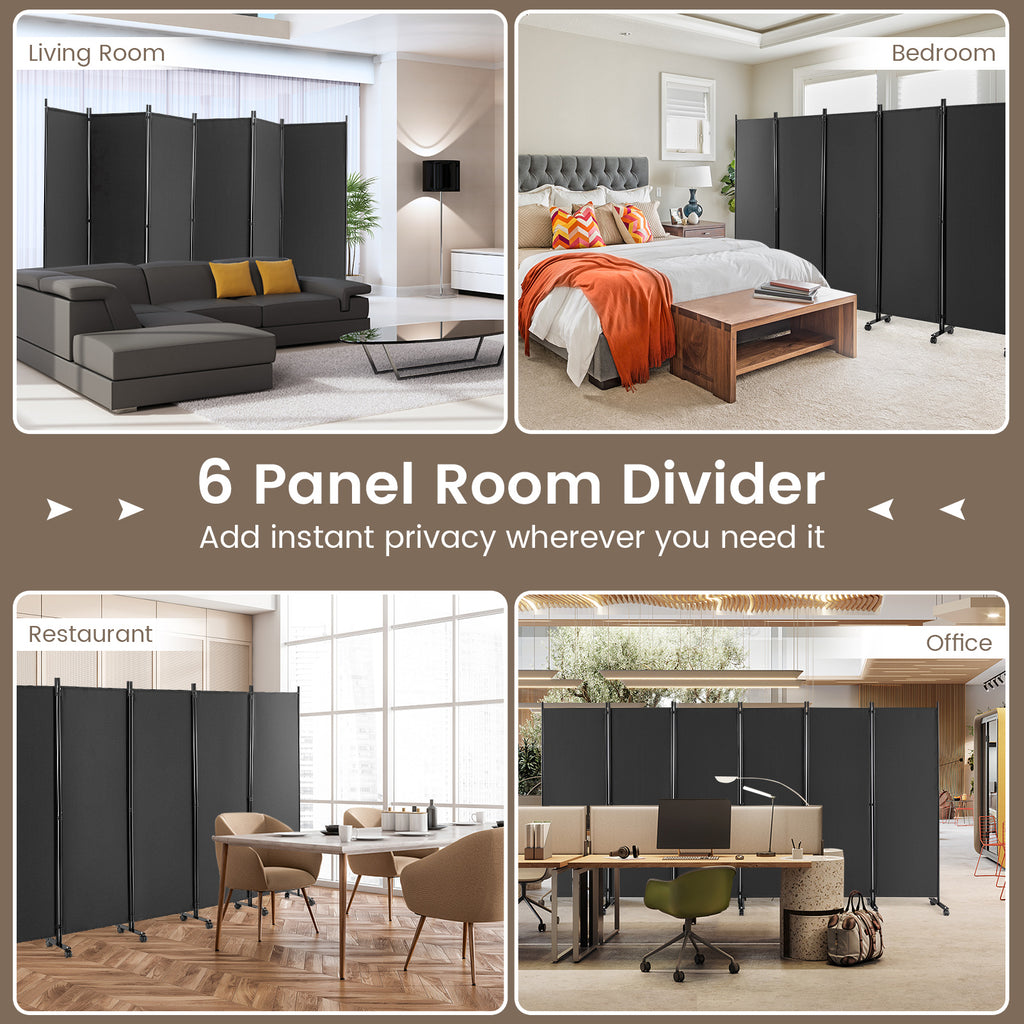 Gray 6-Panel Rolling Room Divider on Wheels - 5.7 Feet Tall, Foldable Privacy Screen