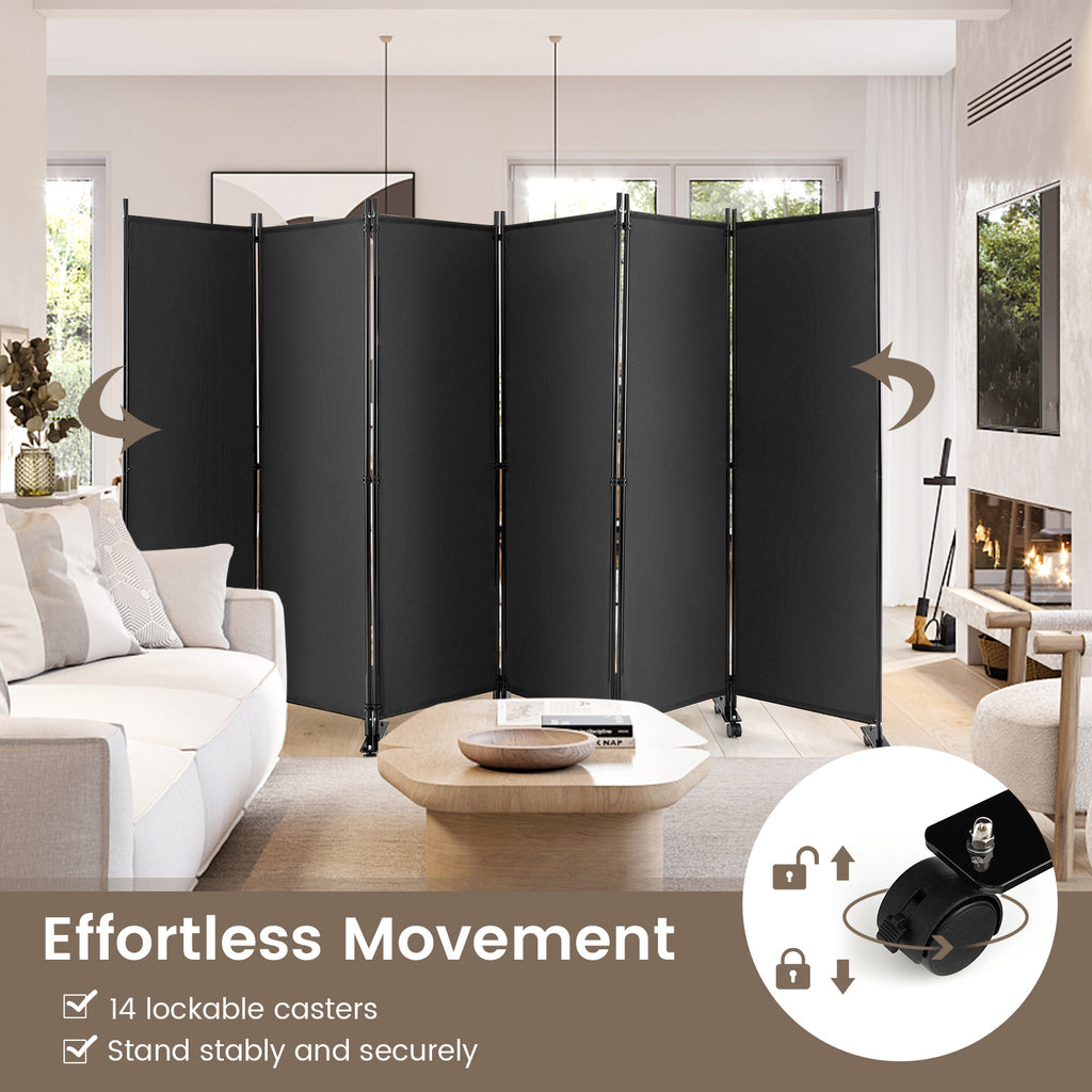 Gray 6-Panel Rolling Room Divider on Wheels - 5.7 Feet Tall, Foldable Privacy Screen