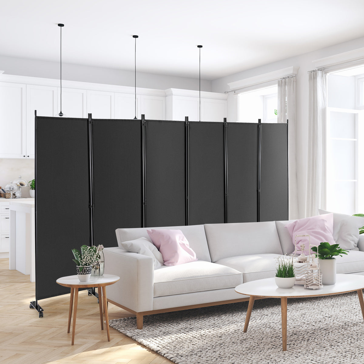 Gray 6-Panel Rolling Room Divider on Wheels - 5.7 Feet Tall, Foldable Privacy Screen