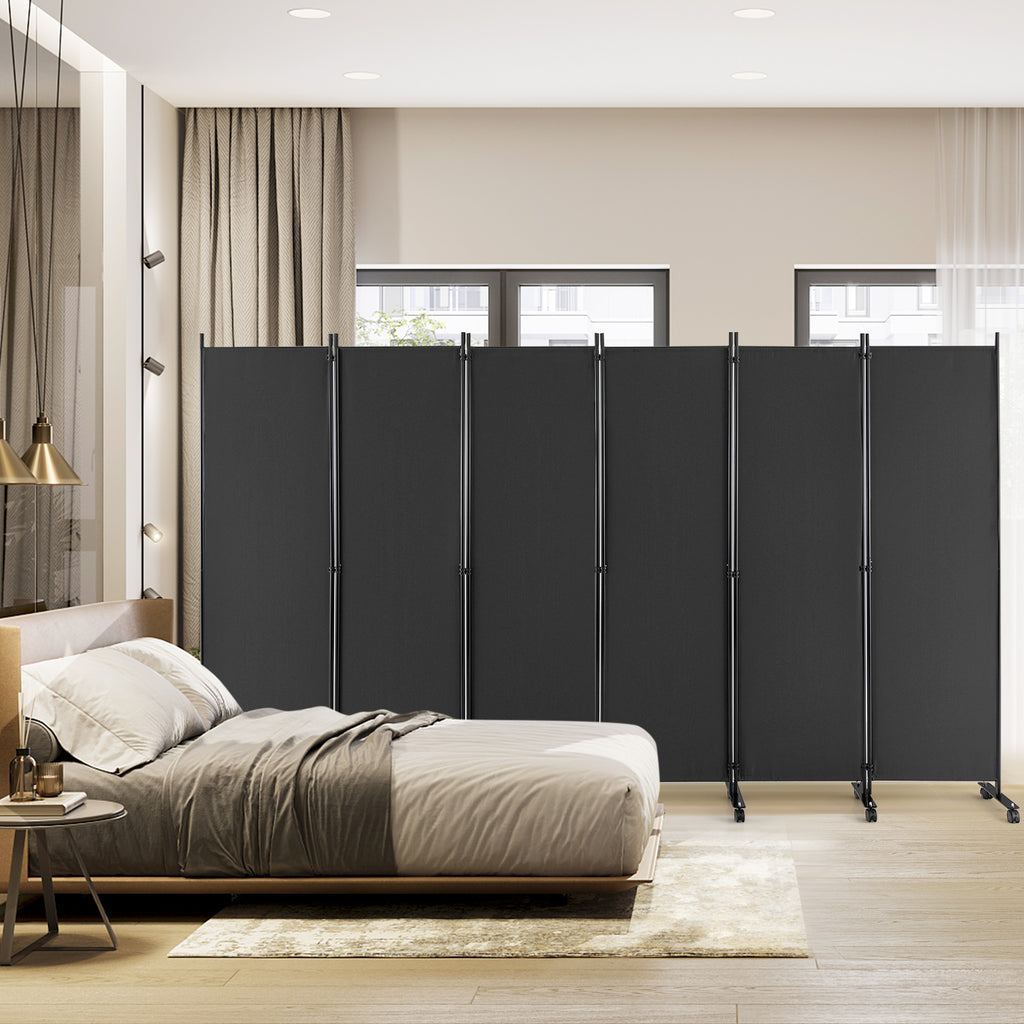 Gray 6-Panel Rolling Room Divider on Wheels - 5.7 Feet Tall, Foldable Privacy Screen