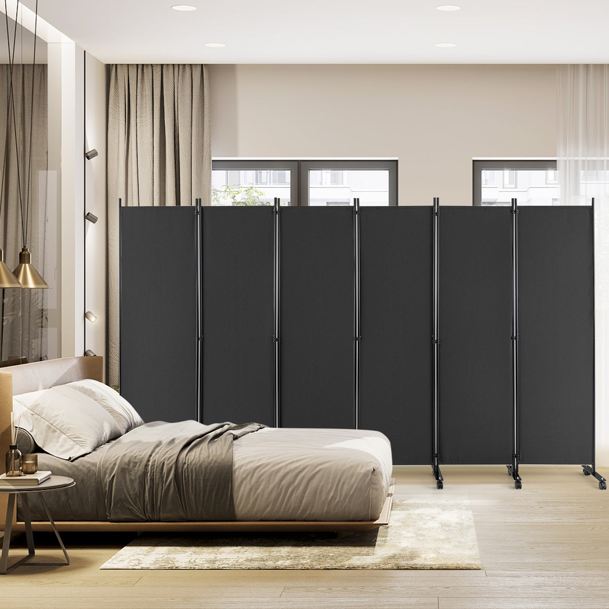 Gray 6-Panel Rolling Room Divider on Wheels - 5.7 Feet Tall, Foldable Privacy Screen