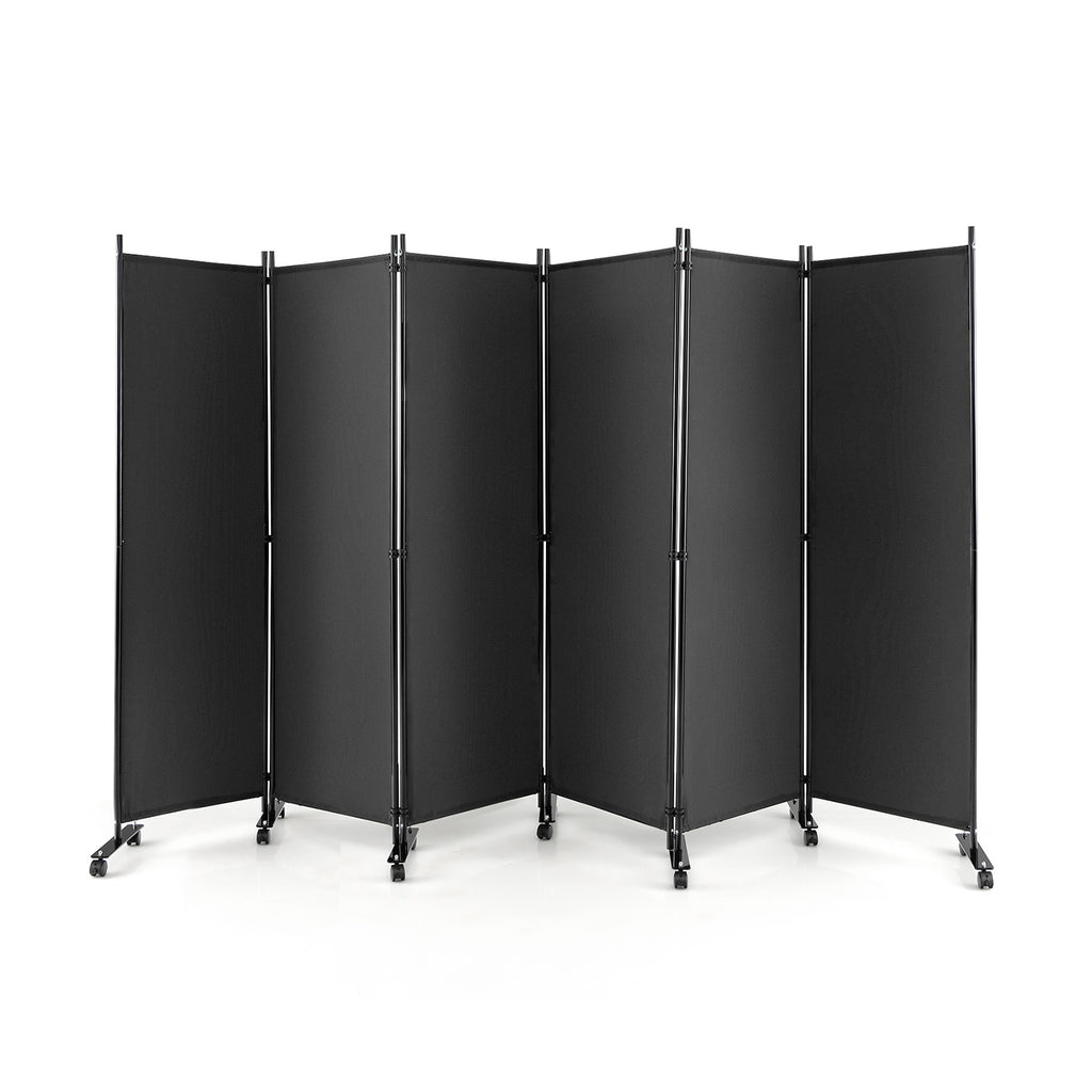 Gray 6-Panel Rolling Room Divider on Wheels - 5.7 Feet Tall, Foldable Privacy Screen