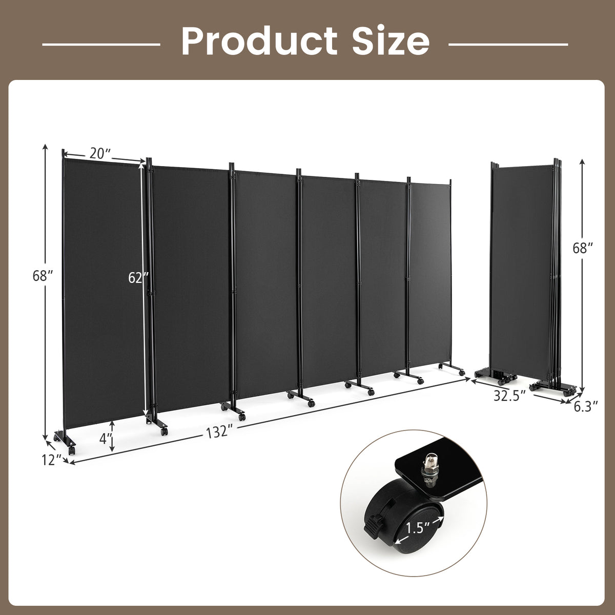 Gray 6-Panel Rolling Room Divider on Wheels - 5.7 Feet Tall, Foldable Privacy Screen