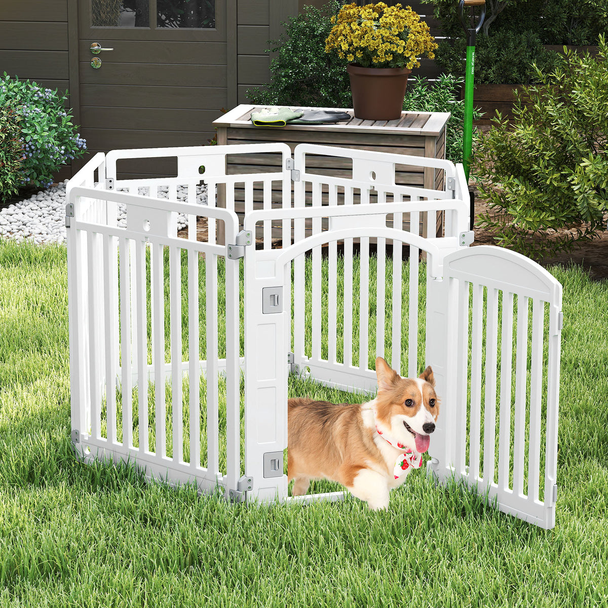 32 Inch Tall Foldable Dog Playpen with Locking Door - White, 6 Panels