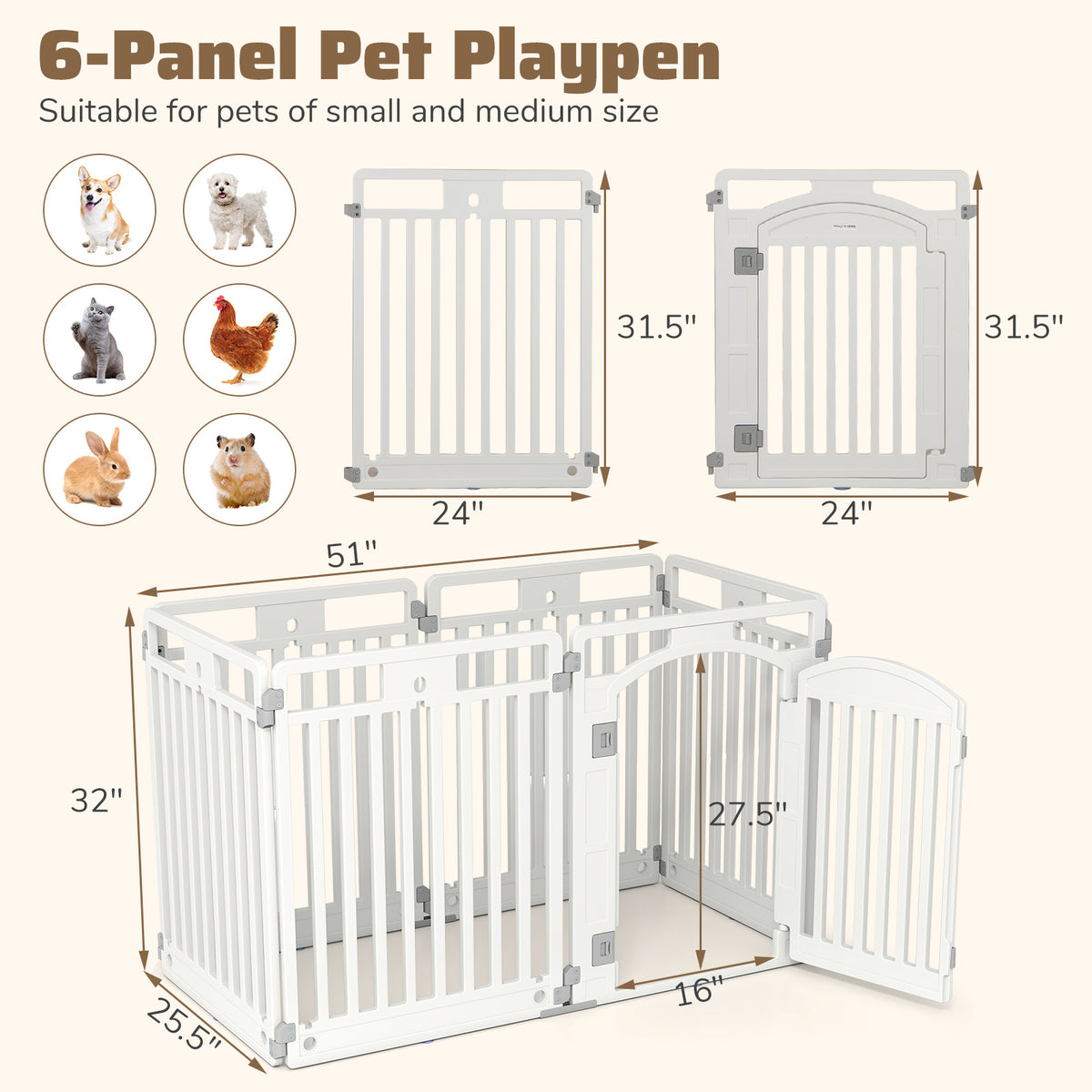 32 Inch Tall Foldable Dog Playpen with Locking Door - White, 6 Panels