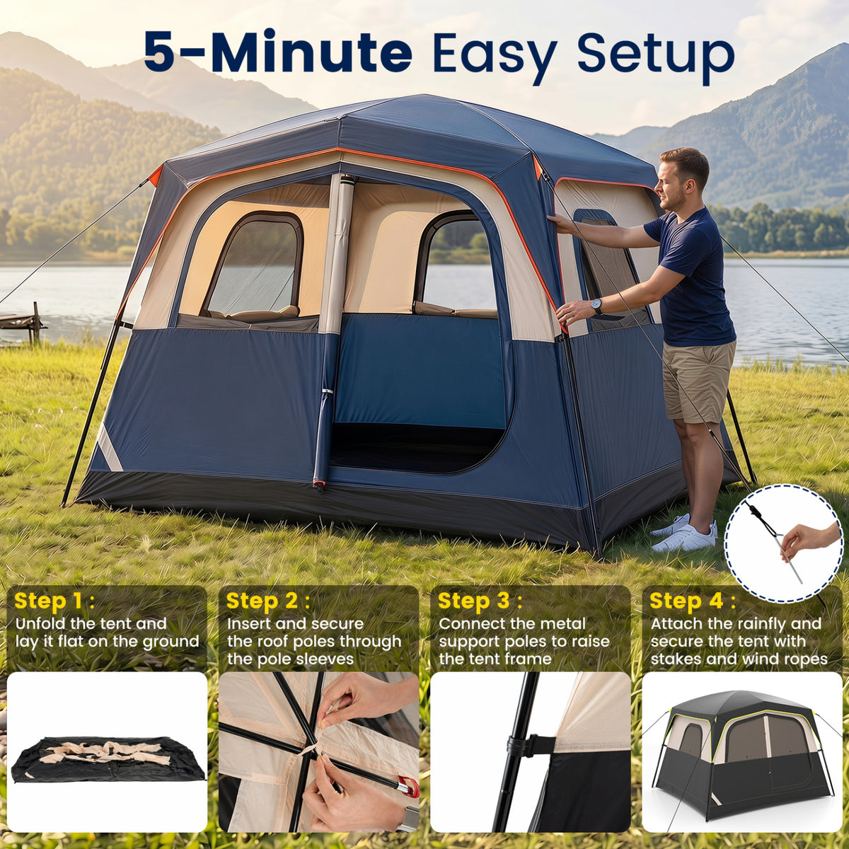 6-Person Camping Tent Easy Setup Family Cabin with Top Rainfly Mesh