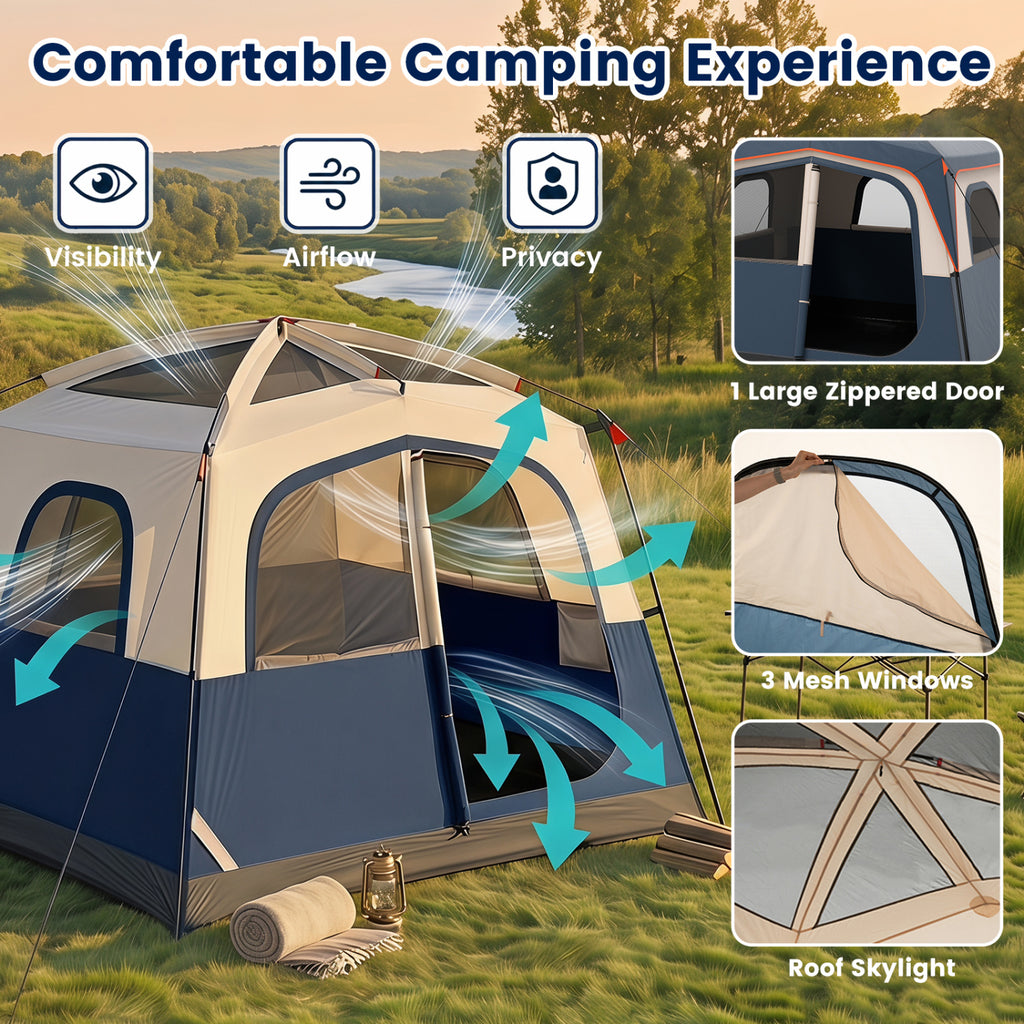 6-Person Camping Tent Easy Setup Family Cabin with Top Rainfly Mesh