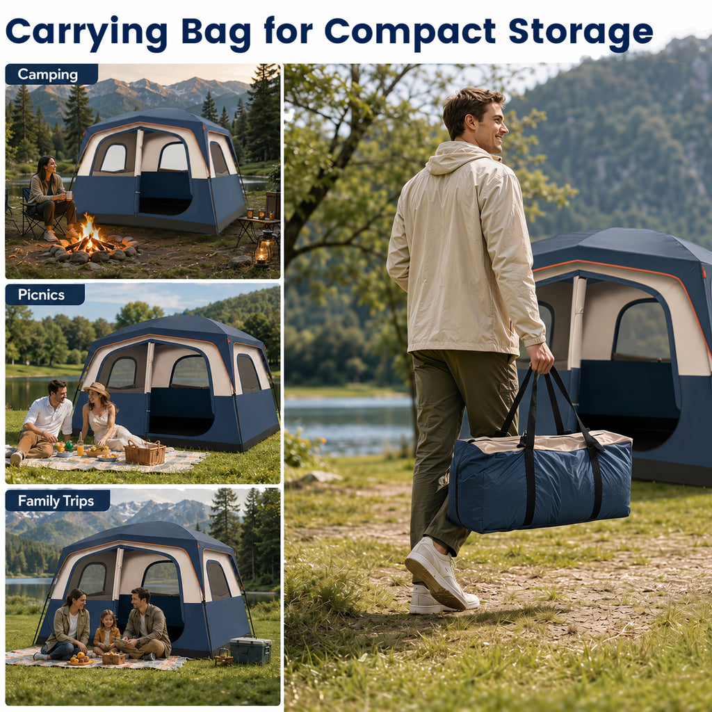6-Person Camping Tent Easy Setup Family Cabin with Top Rainfly Mesh
