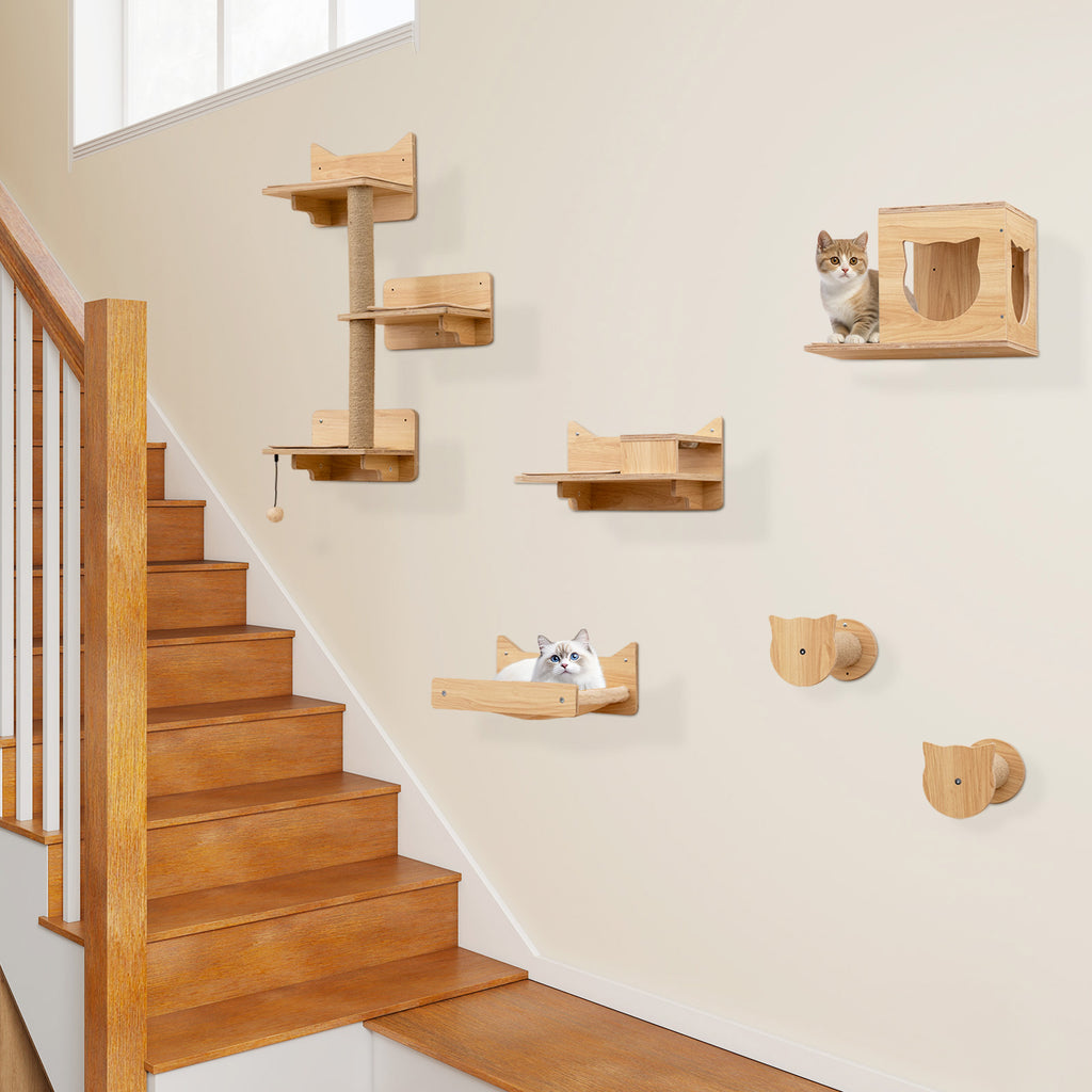 Natural 6 Pieces Cat Wall Shelves Set Kitten Wall Mounted Furniture