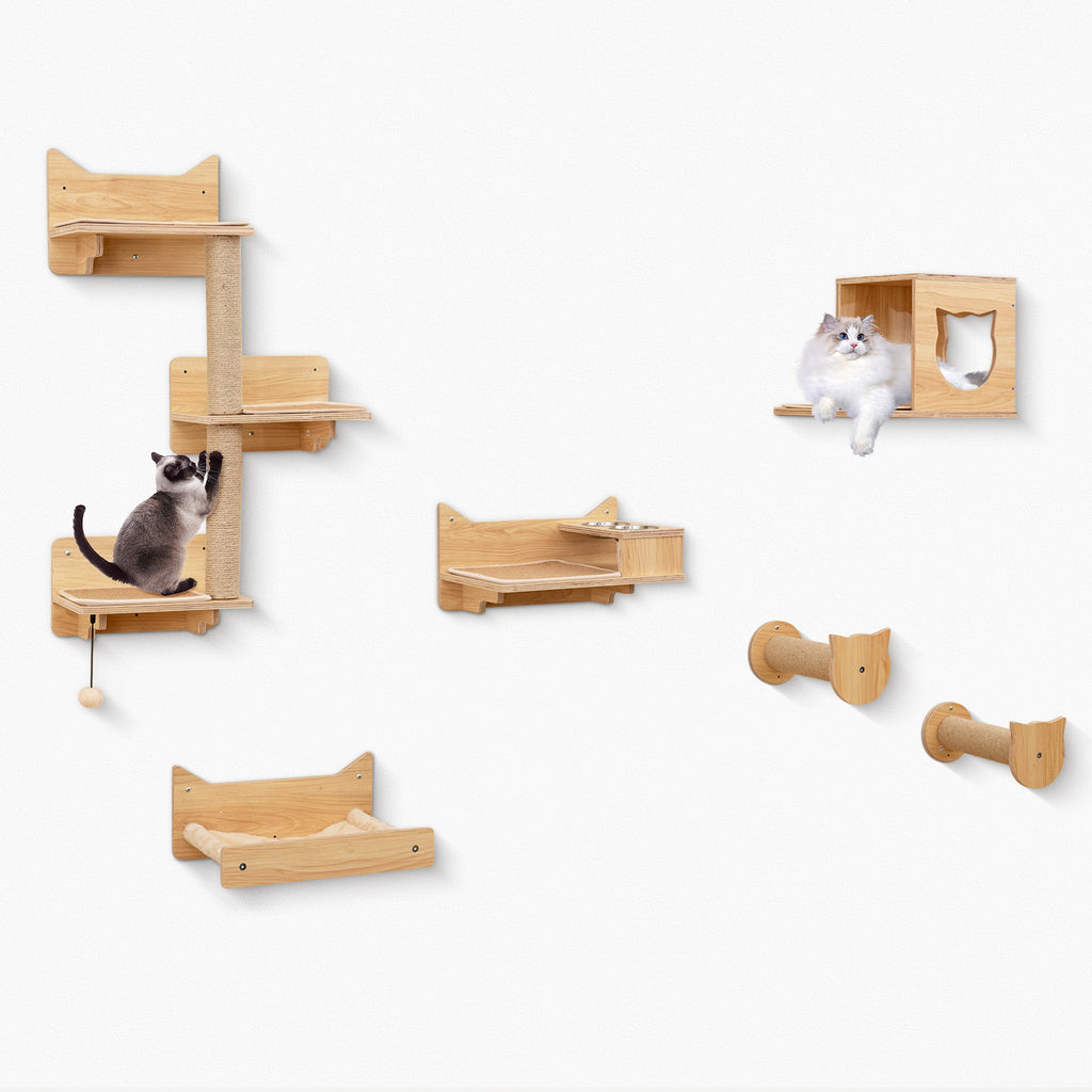 Natural 6 Pieces Cat Wall Shelves Set Kitten Wall Mounted Furniture