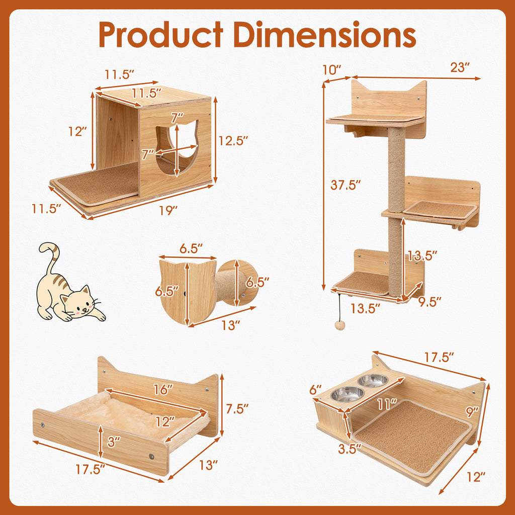 Natural 6 Pieces Cat Wall Shelves Set Kitten Wall Mounted Furniture