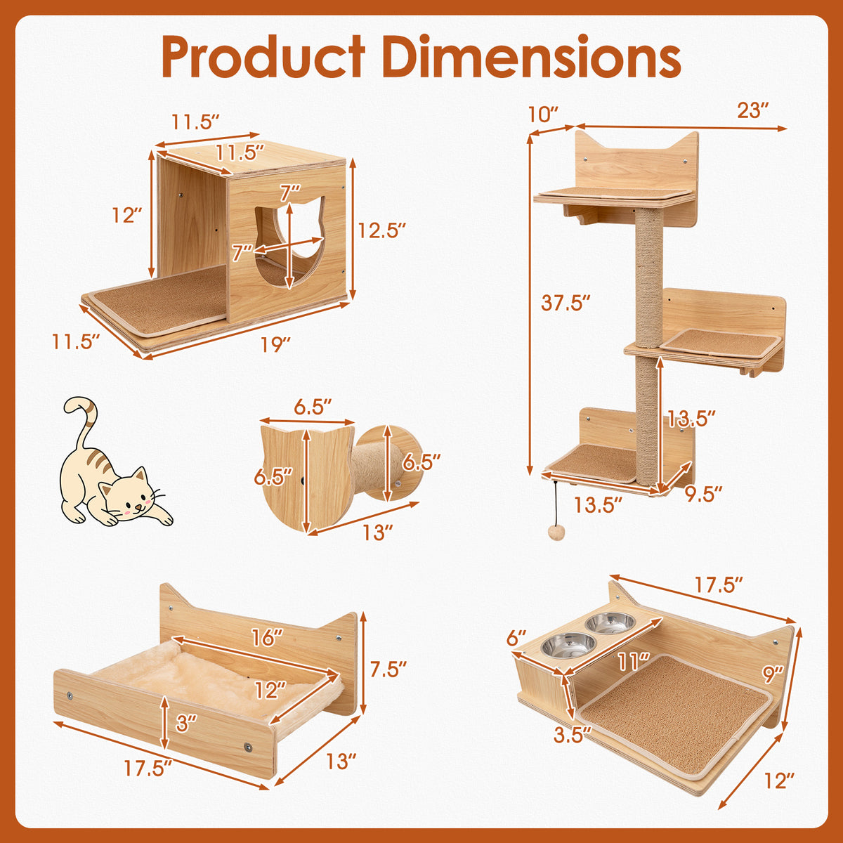 Natural 6 Pieces Cat Wall Shelves Set Kitten Wall Mounted Furniture